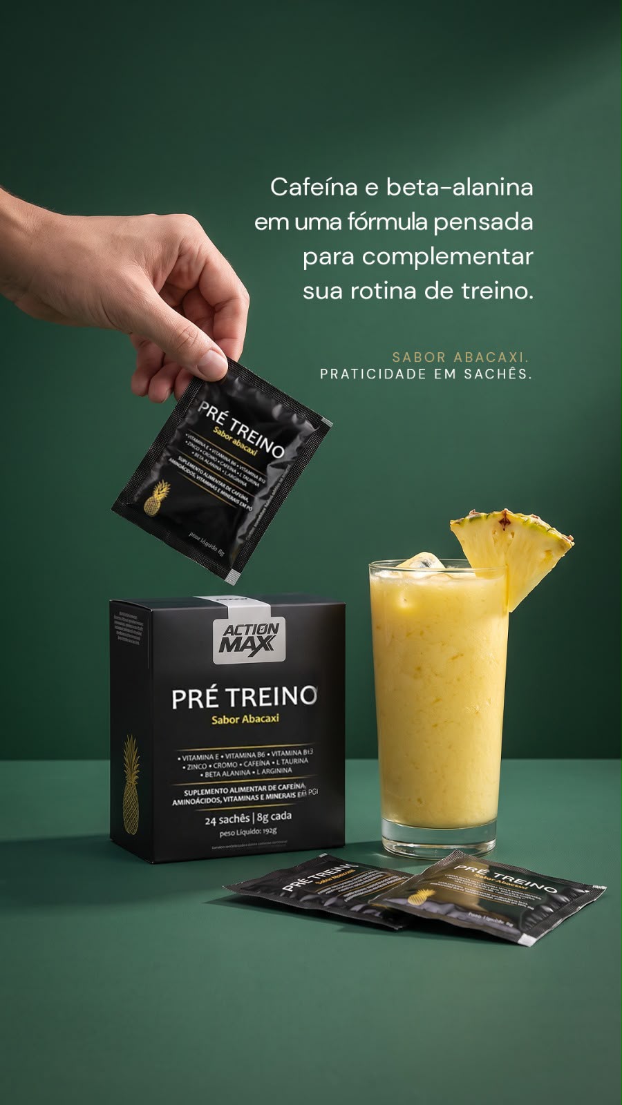 Embalagem do KIT C/ 6 SACHES PRÉ TREINO ACTION MAX sabor abacaxi