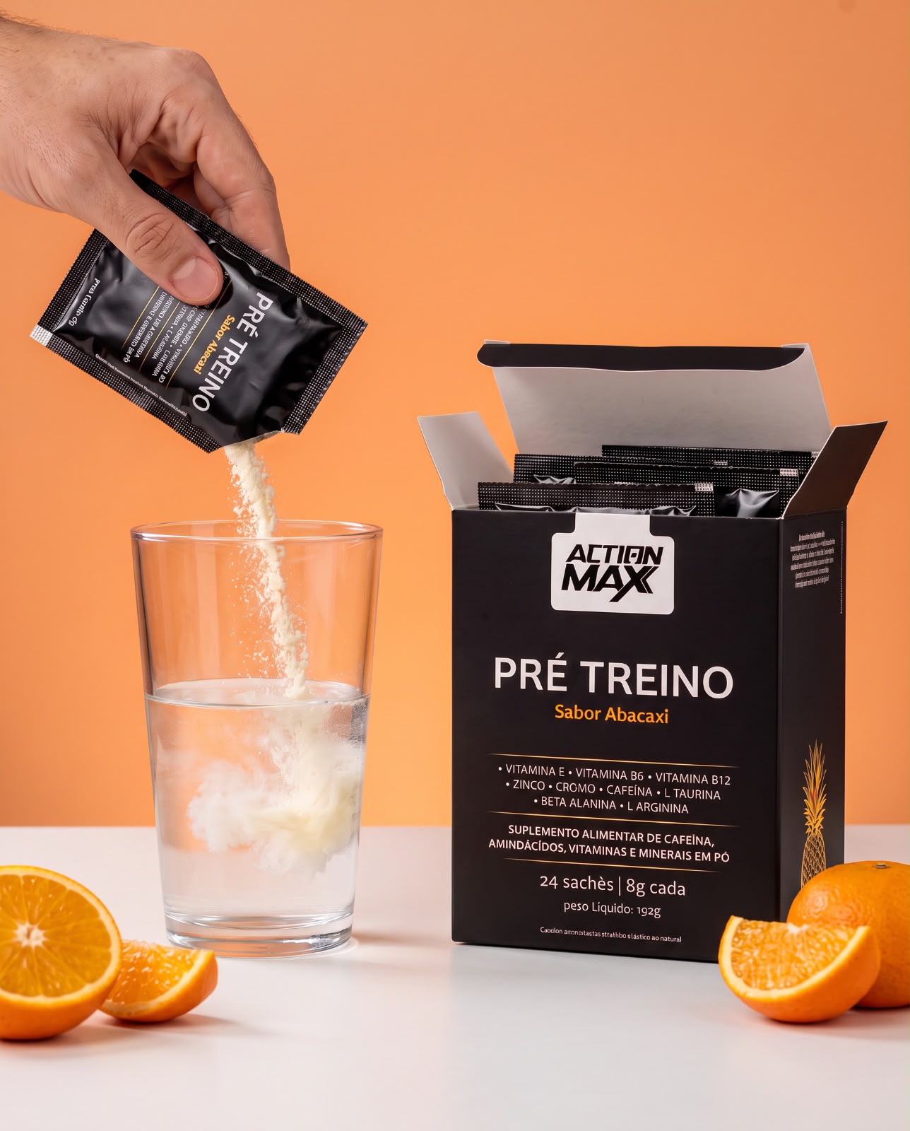 Embalagem do KIT C/ 6 SACHES PRÉ TREINO ACTION MAX sabor laranja